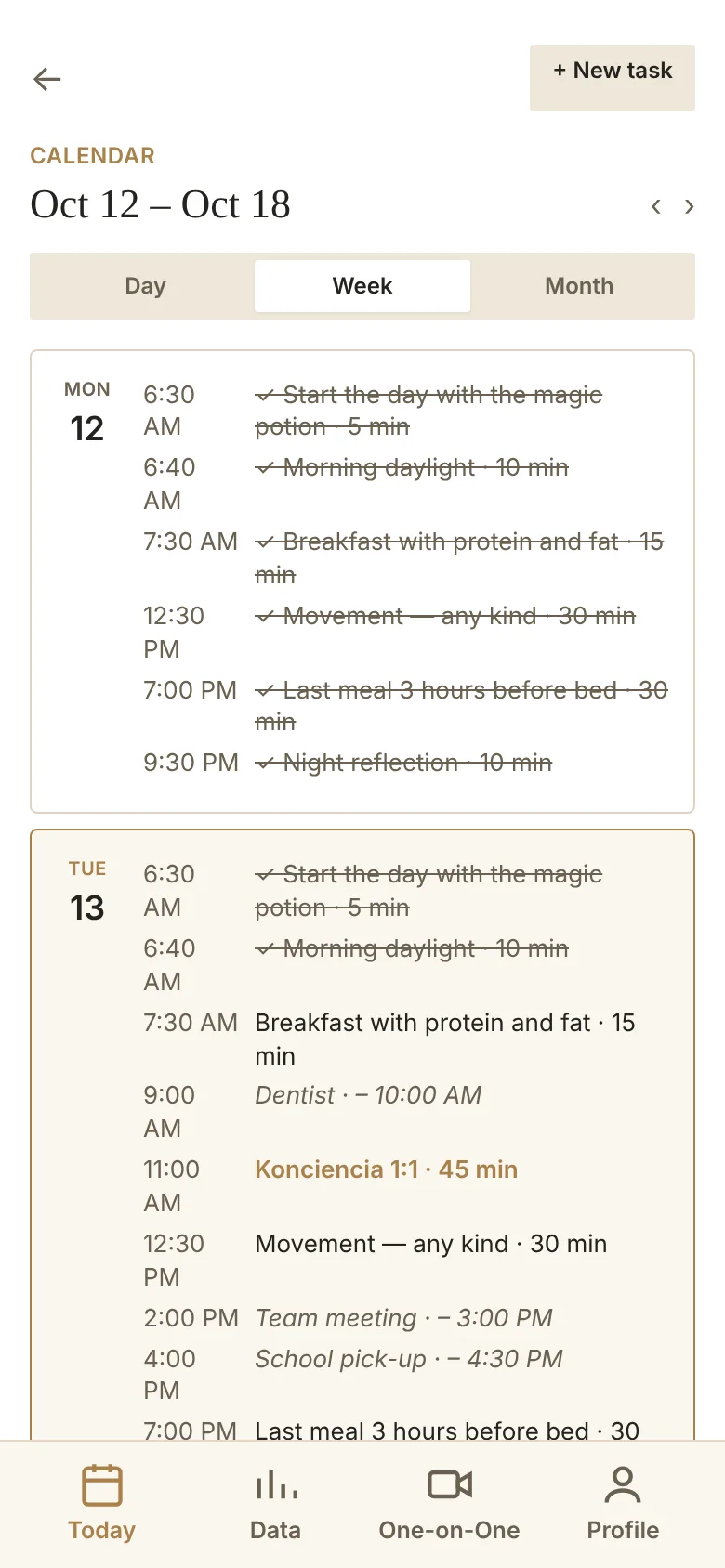 Week calendar with tasks and Google Calendar events