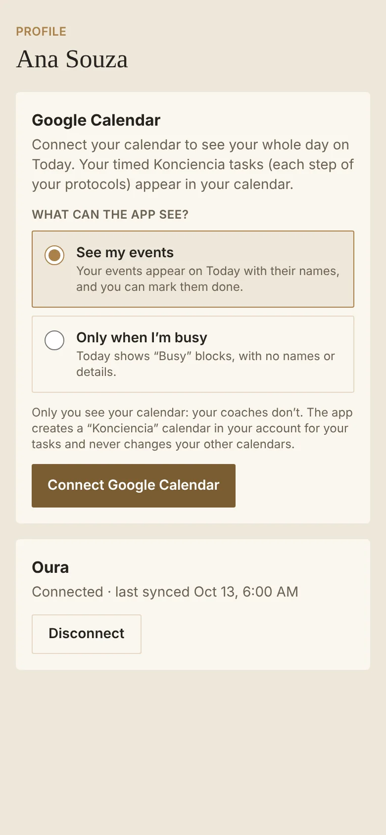 Screen to connect Google Calendar, choosing what the app can see