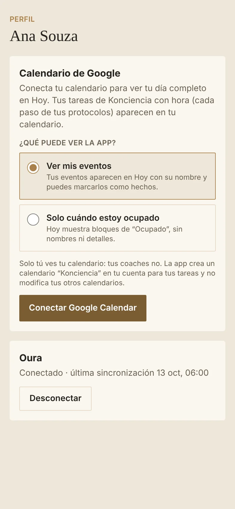 Pantalla para conectar Google Calendar eligiendo qué puede ver el app
