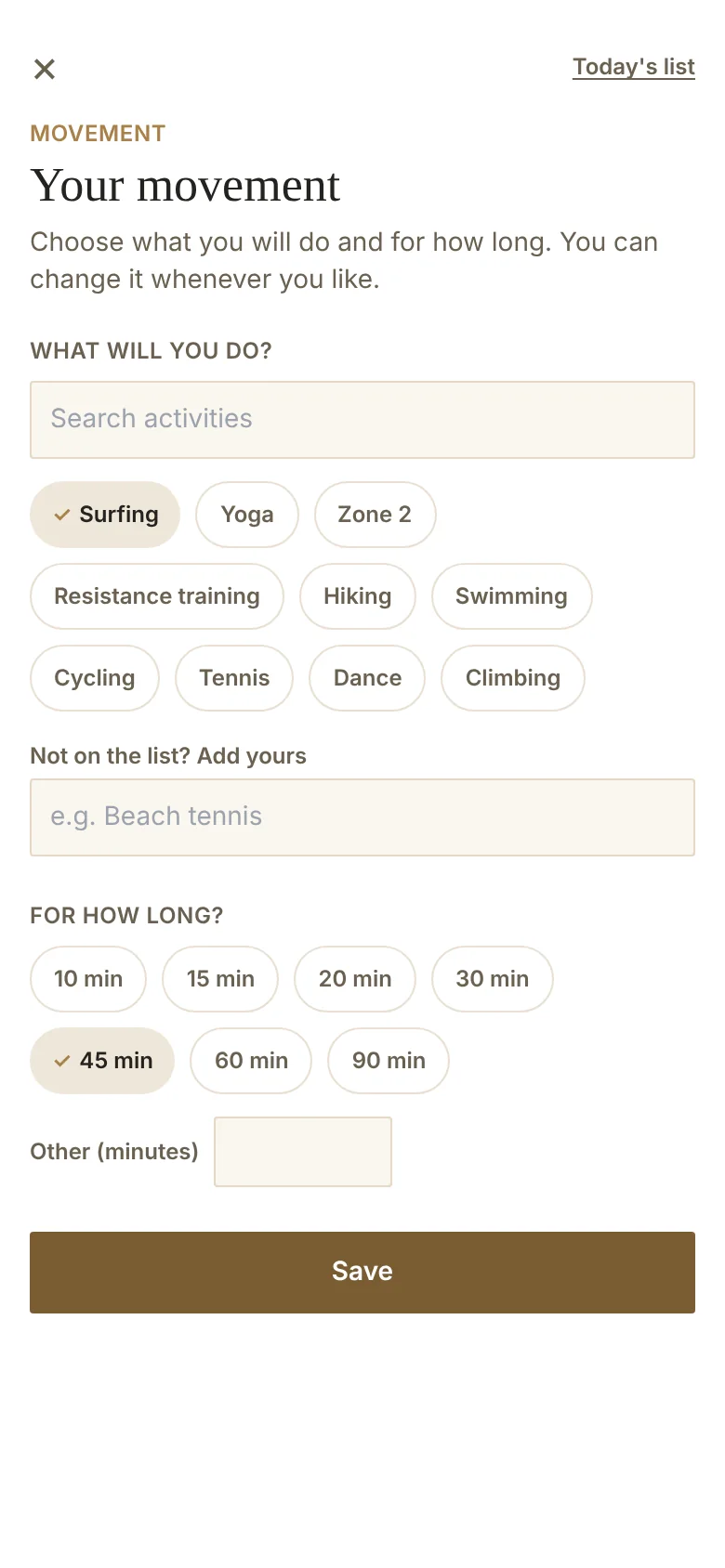 Your movement screen with activities to choose from and a duration