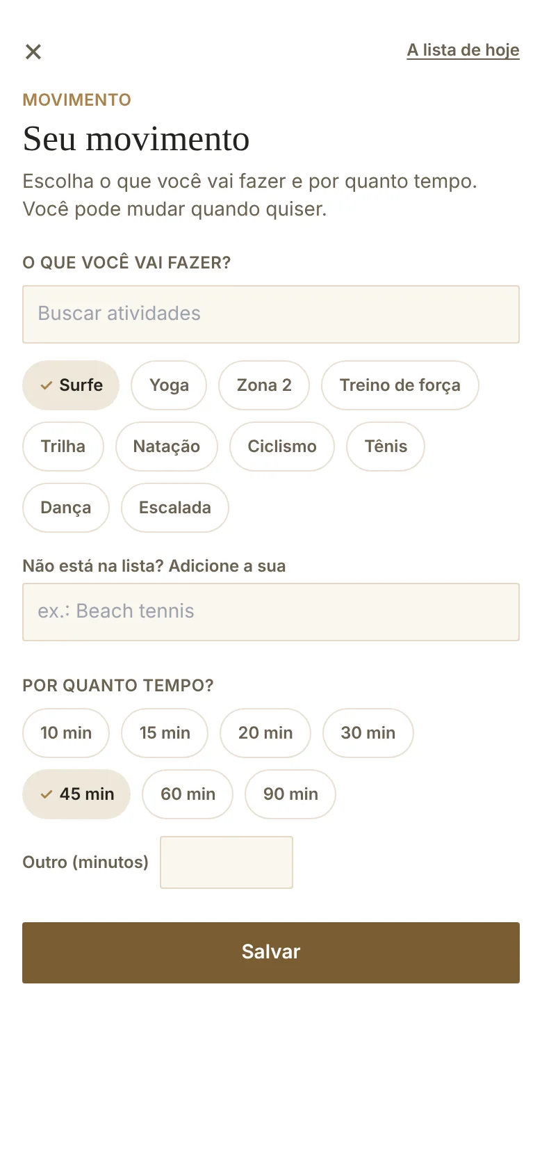 Tela Seu movimento com atividades para escolher e a duração