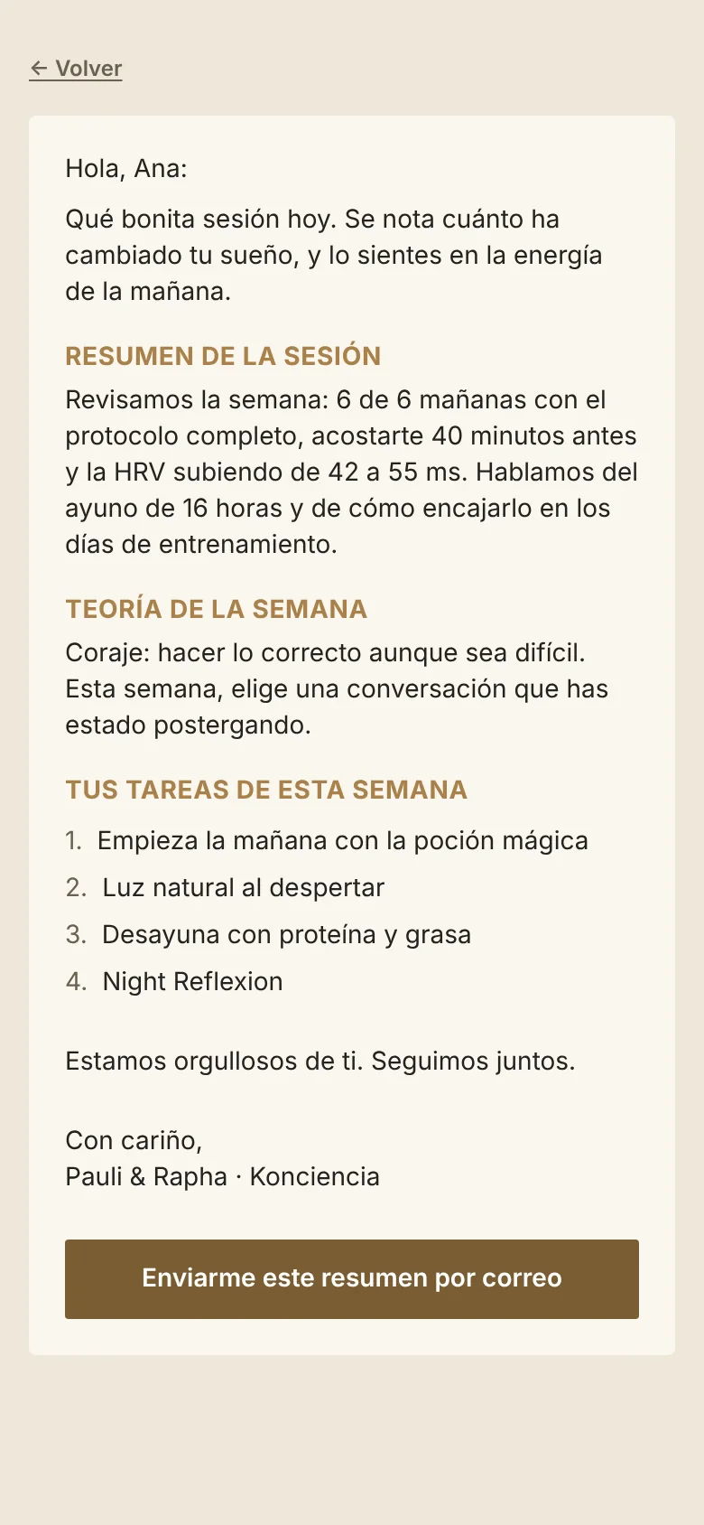 Resumen de una sesión 1:1 con las tareas de la semana