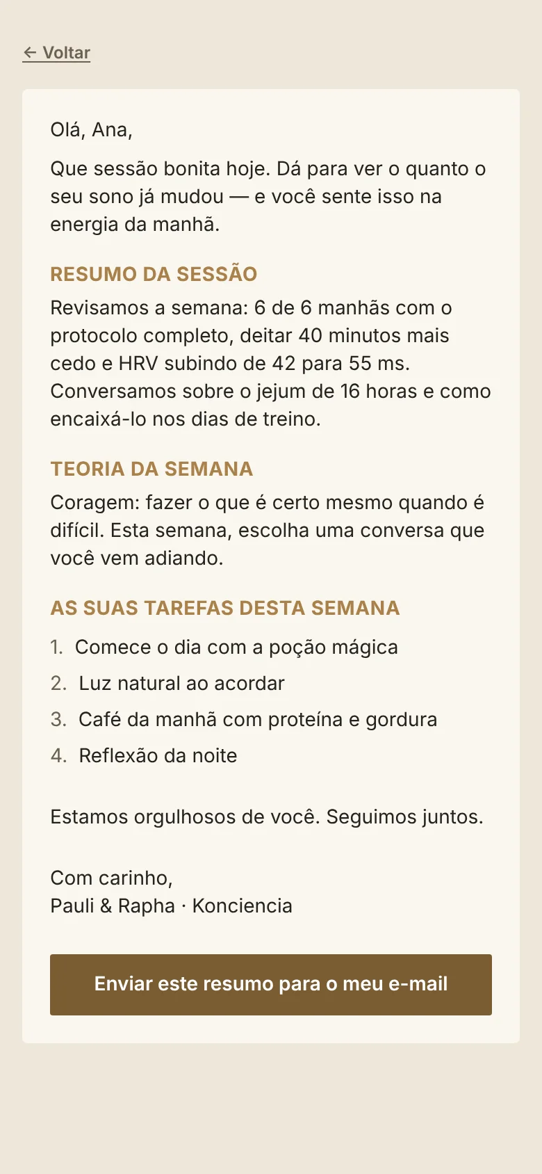 Resumo de uma sessão 1:1 com as tarefas da semana