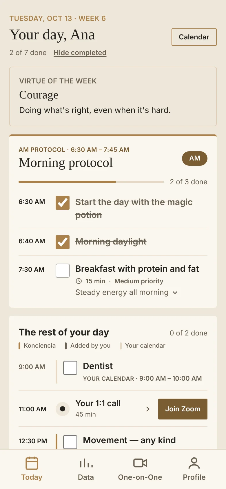 Today screen: the morning protocol, step by step