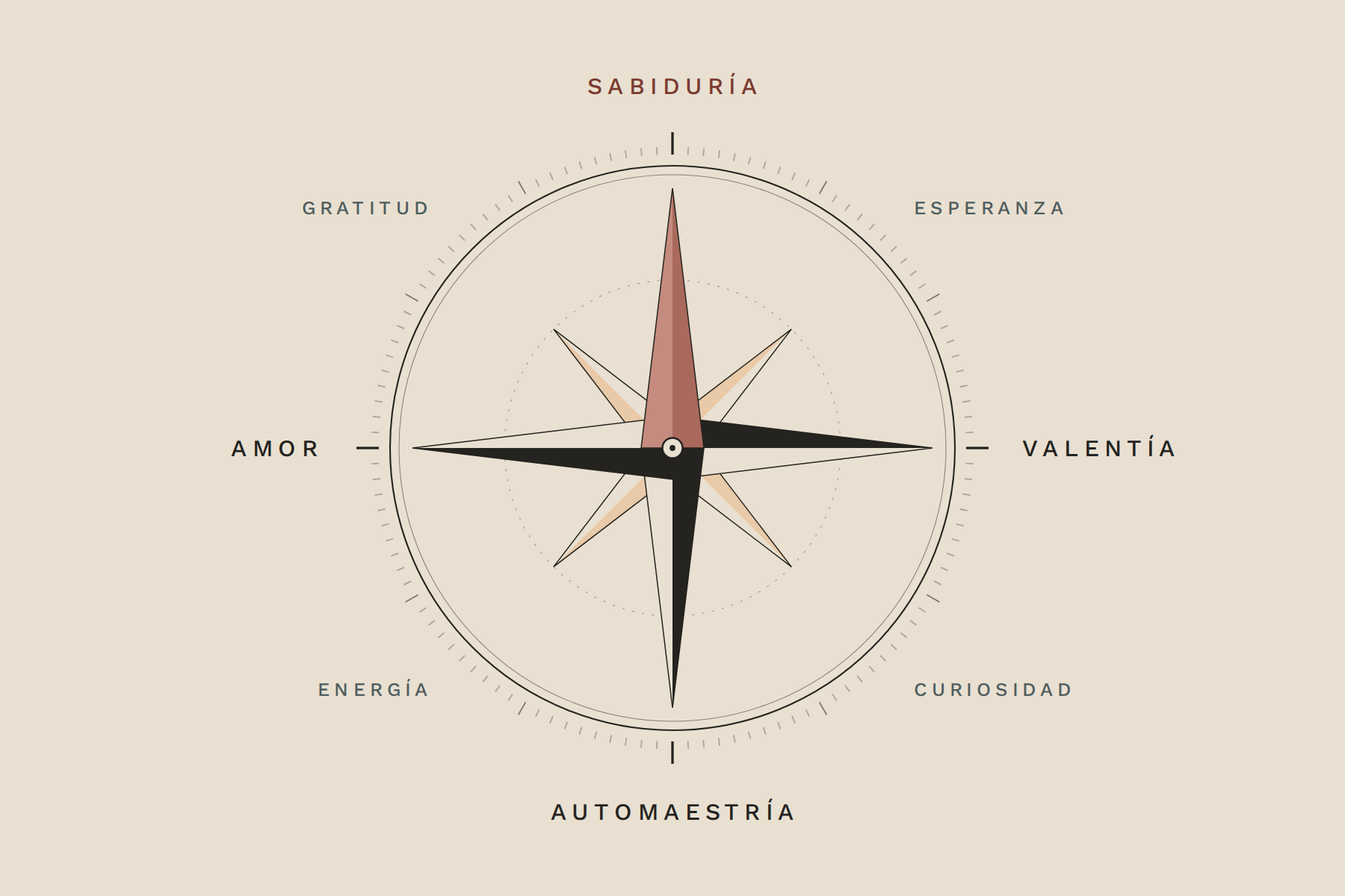 Brújula de las virtudes: sabiduría, valentía, automaestría, amor, esperanza, curiosidad, energía y gratitud