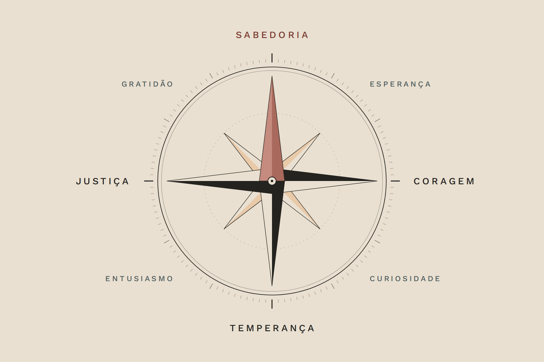 Bússola das virtudes: sabedoria, coragem, temperança, justiça, esperança, curiosidade, entusiasmo e gratidão
