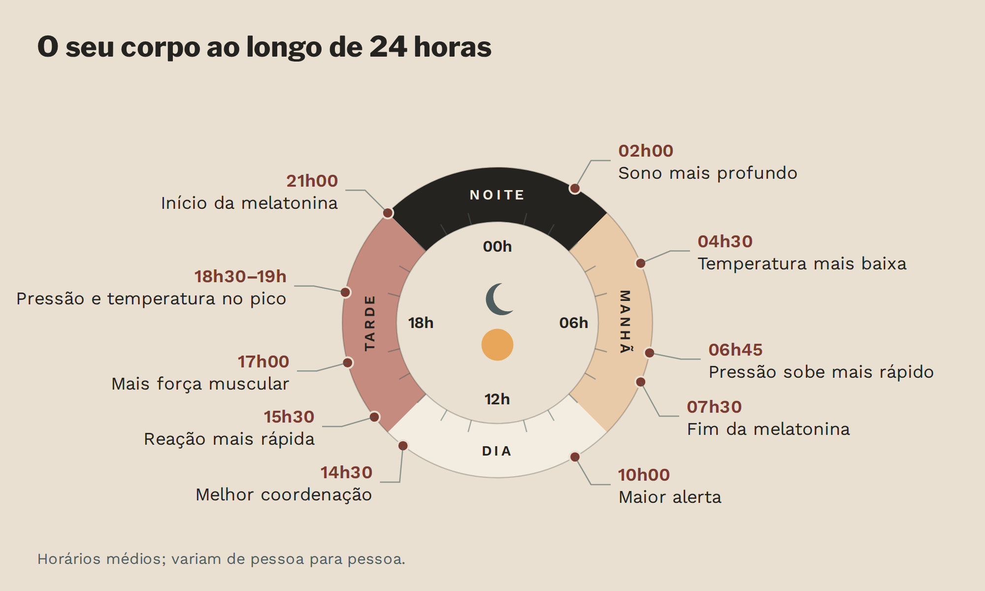 Relógio de 24 horas mostrando como o corpo muda ao longo do dia